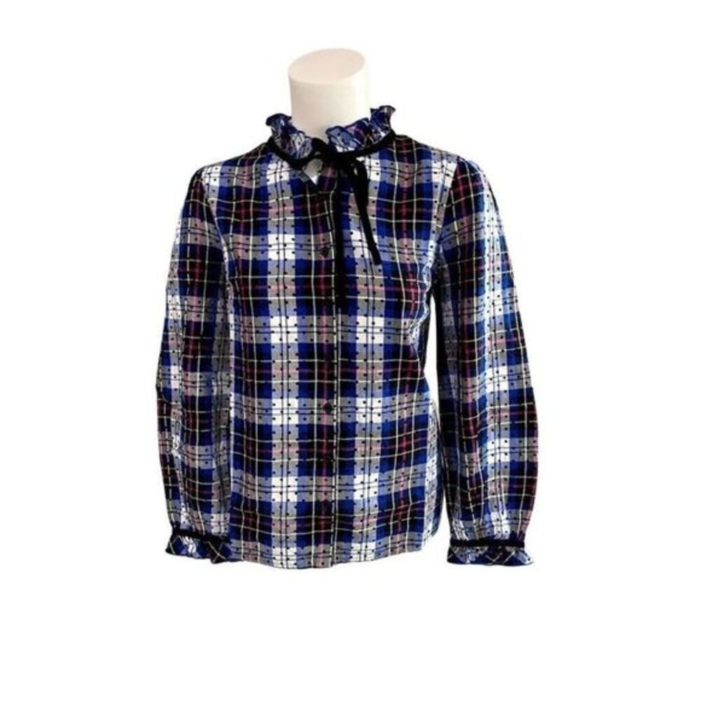 Charter Club Blue Black Plaid Ruffle Tie Neck Button Down Sz PXL NEW